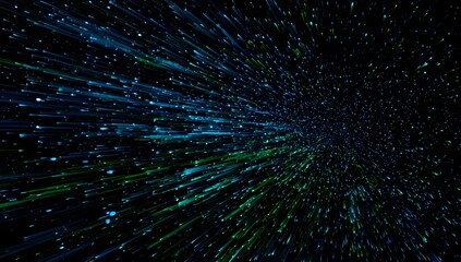 Abstract cosmic explosion of vibrant blue and green light particles creating a sense of deep space exploration and futuristic technology