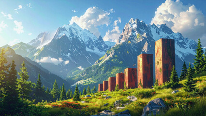 Panoramic summer mountain landscape of the Alps with green valleys, snow-dusted peaks, and a clear blue sky