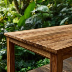 Natural Wooden Table Surrounded by Lush Green Garden Foliage