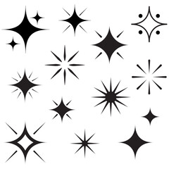 Black Sparkle and Starburst Icon Set – Vector Collection of Twinkling Stars, Shine Symbols, and Retro Glitter Elements for Decorative Design, Backgrounds, Logos, and Digital Graphic Projects