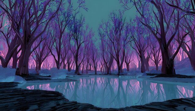 Enchanting winter forest scene with bare trees and a frozen reflective pond under a mystical twilight sky with purple and blue hues creating an ethereal atmosphere