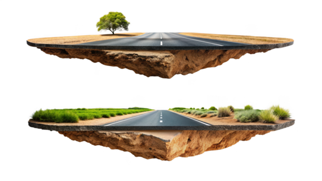 Two cross section of ground with road isolated on transparent background