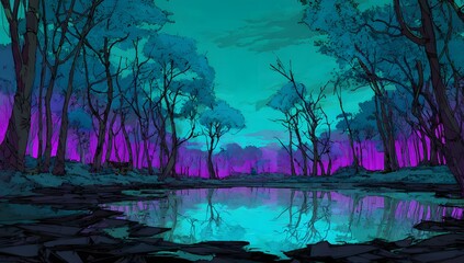 Enchanting ethereal forest landscape at twilight with vibrant neon purple and turquoise glowing lights reflecting in a still water pool creating a surreal dreamlike atmosphere