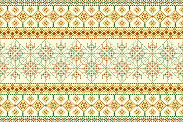 A traditional textile pattern in beige, brown, green, featuring geometric diamond and floral motifs arranged in symmetrical horizontal rows with intricate details. Geometric seamless vector pattern.