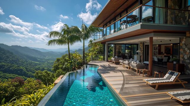 A large house with a pool on the roof. The pool is surrounded by trees and rocks. Tropical hillside house with infinity pool, panoramic view of lush green valleys, retire early in tropical country