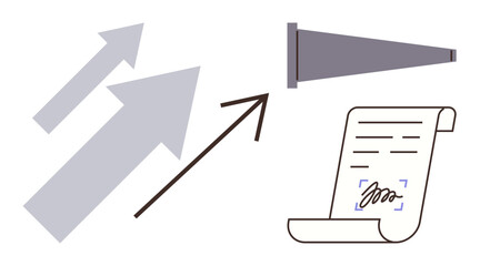 Arrows indicating growth, telescope symbolizing vision and foresight, and signed contract for collaboration. Ideal for business growth, strategy, innovation, planning, foresight, partnerships simple