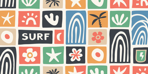 Retro mid century modern abstract tropical beach pattern with surf text and sun elements