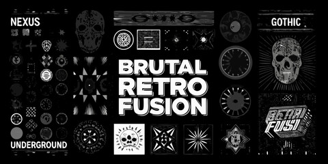Brutal retro fusion nexus gothic underground design elements and textures collection