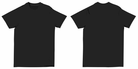 Front and back view of a plain black t shirt with short sleeves and a crew neck isolated on white background