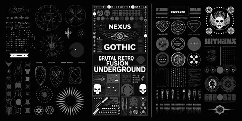 Abstract dark gothic retro fusion underground design elements and symbols with skulls and geometric patterns