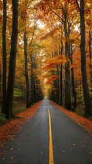 Obraz premium road in autumn forest , An empty road lined with colorful fall trees, showcasing vibrant autumn foliage on a clear day.