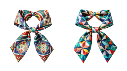 Two colorful silk scarves with different patterns isolated on transparent background