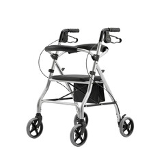 Modern silver walker with seat and wheels on black background