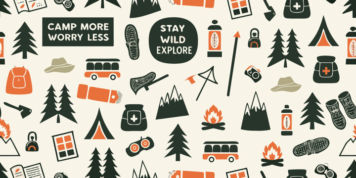 Seamless pattern of camping and adventure icons with inspirational quotes for outdoor enthusiasts