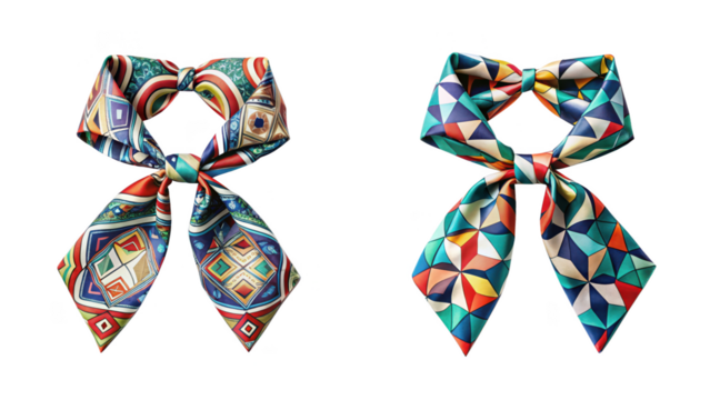 Two colorful silk scarves with different patterns isolated on transparent background