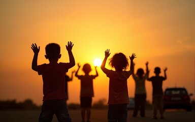 Silhouette back view refugee kid group playing in sunset.Kid child boy and girl worship.Raised hands blessing praying worship, Hope, freedom, Diverse, Faith, Praise, world refugee day.Adoption kid.