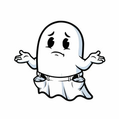 Obraz premium A cartoon ghost shrugs with a confused expression, wearing denim pants.