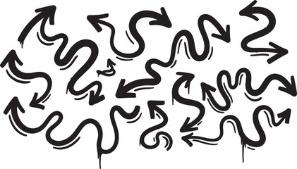 Hand drawn arrows collection diverse styles directional symbols grunge brushstrokes abstract shapes set vector