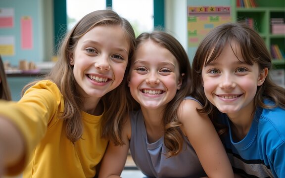 Friends, smile and selfie with children in school for teamwork, education and diversity. Support, scholarship and learning with portrait of group of students for happy, youth and collaboration