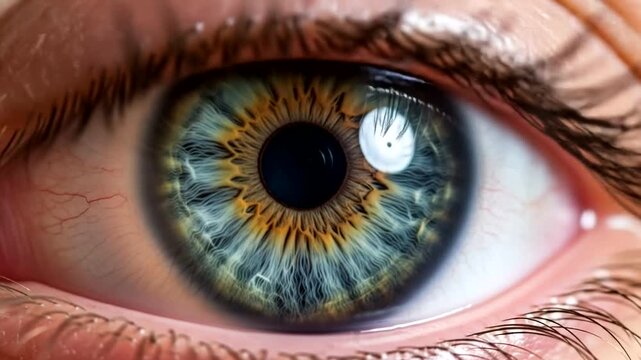 Detailed macro view of a human iris with intricate patterns and colors.