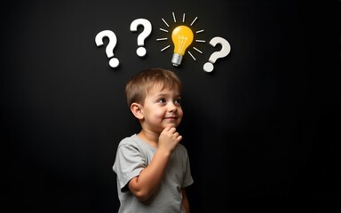 Thinking child boy on black background with light bulb and question marks. Brainstorming and idea concept. High quality