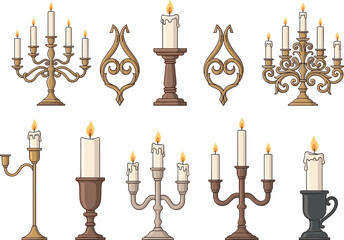 Ten candle holders with unique designs, ornate candelabras, wall mounts, pedestal styles, lit candles, interior decor reference, vintage lighting illustration