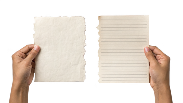 Hands holding two pieces of torn paper isolated on transparent background