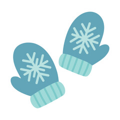 Blue winter mittens with snowflake pattern in soft flat style on white background.
