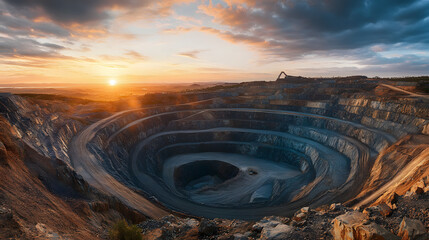 panoramic illustration of an open-pit platinum mine with sunrise in the background. Landscape background illustration.