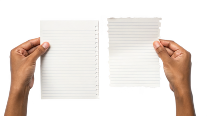 Hands holding two pieces of torn paper isolated on transparent background