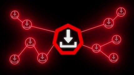Neon bright download animation. Software download icon on black background. Animation of network of connections with icons and data processing over, Technology, Social network . - Powered by Adobe