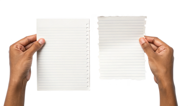 Hands holding two pieces of torn paper isolated on transparent background