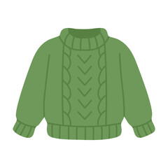 Green knitted sweater in soft flat style, cozy winter clothing illustration on white background.