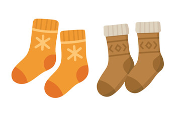 Set of two pairs of warm knitted socks in soft flat winter style on white background.