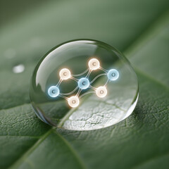 Molecular Model Structure in Water Drops on Nature Green Leaf