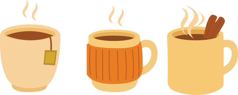 Cozy autumn mugs with hot drinks warm fall coffee and tea cup vector set