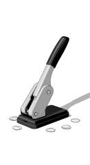 Hole puncher with black handle and base on a white background with paper circles.