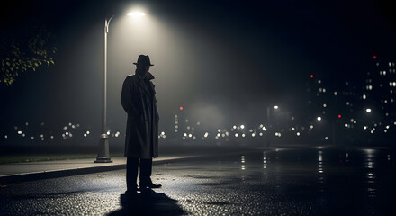 A mysterious man in a trench coat and fedora stands alone under a glowing streetlamp on a wet, foggy night, with blurred city lights in the distance.