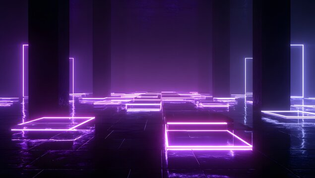 Futuristic abstract digital art featuring glowing purple and pink geometric shapes on a reflective dark surface creating an ethereal atmosphere - Powered by Adobe