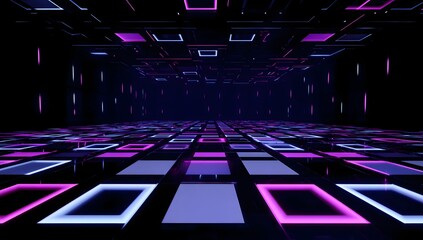 Vibrant futuristic dance floor illuminated by glowing neon rectangles in a dark club environment with a sense of energetic atmosphere