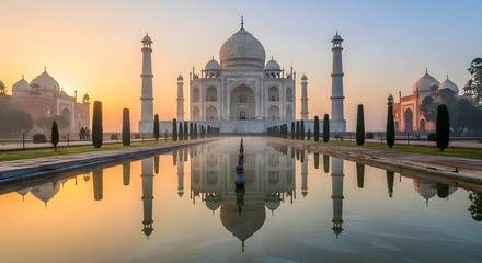 The Taj Mahal is reflected in a pool of water at sunrise, showcasing its iconic white marble architecture and symmetrical design.