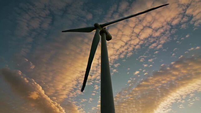  A majestic, slow-motion drone shot of a modern, white wind turbine spinning against a dramatic, time-lapsed sky with fast-moving clouds during golden hour. Low-angle view to emphasize scale 