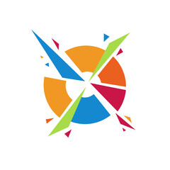 Obraz premium A vibrant abstract logo showcasing an exploding or fragmented circular design with sharp, colorful geometric shapes radiating outwards, symbolizing dynamism and innovation.
