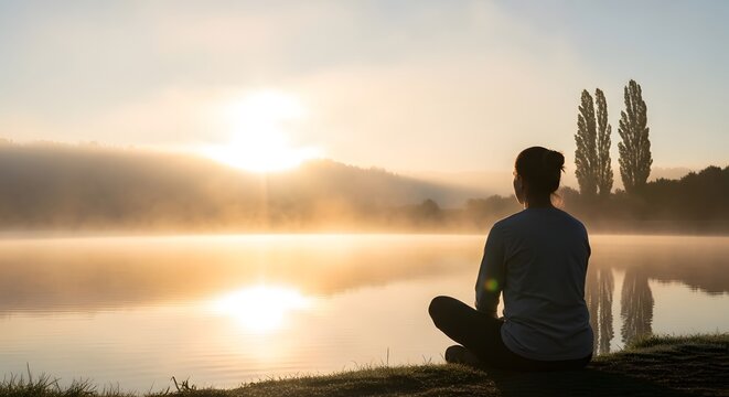 A person sits cross-legged in peaceful meditation by a misty lake, watching the golden sunrise.