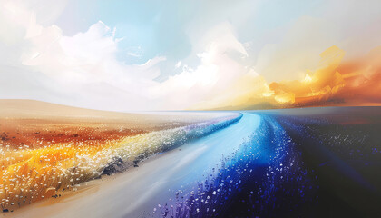 Vibrant abstract landscape with a winding path and colorful sky
