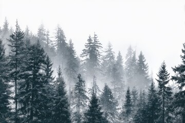 Impressive panorama of a dense grey fir tree forest enveloped in mist, showcasing the serene beauty of nature in a tranquil winter landscape