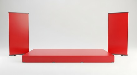 Vibrant Red Podium Stage with Symmetrical Banners on Clean White Background, 3D Rendered Minimalist Display.