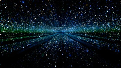 Abstract digital data stream with glowing blue and green particles creating a futuristic tunnel effect perspective