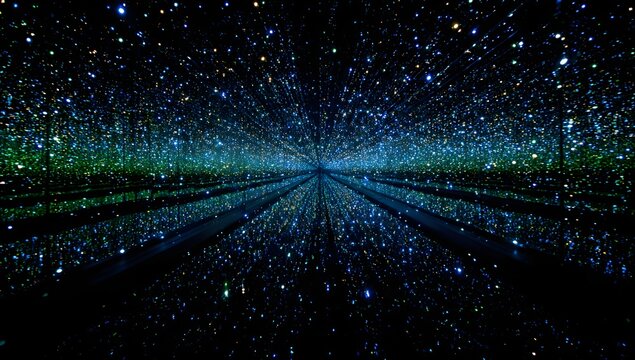 Abstract digital data stream with glowing blue and green particles creating a futuristic tunnel effect perspective - Powered by Adobe