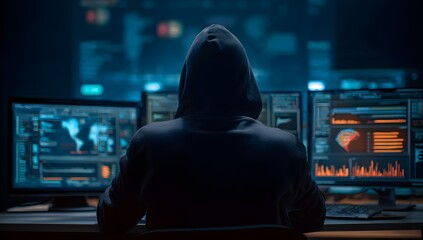 Anonymous individual in a hooded sweatshirt silhouetted against multiple glowing computer screens displaying complex code and data